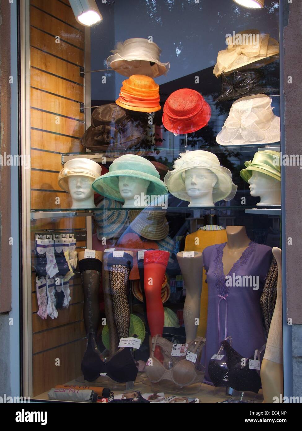 Window of a Hat and Hosiery Business, Szent Istvan Krt, St. Stephen Ring Road, Budapest, Hungary, Europe Stock Photo