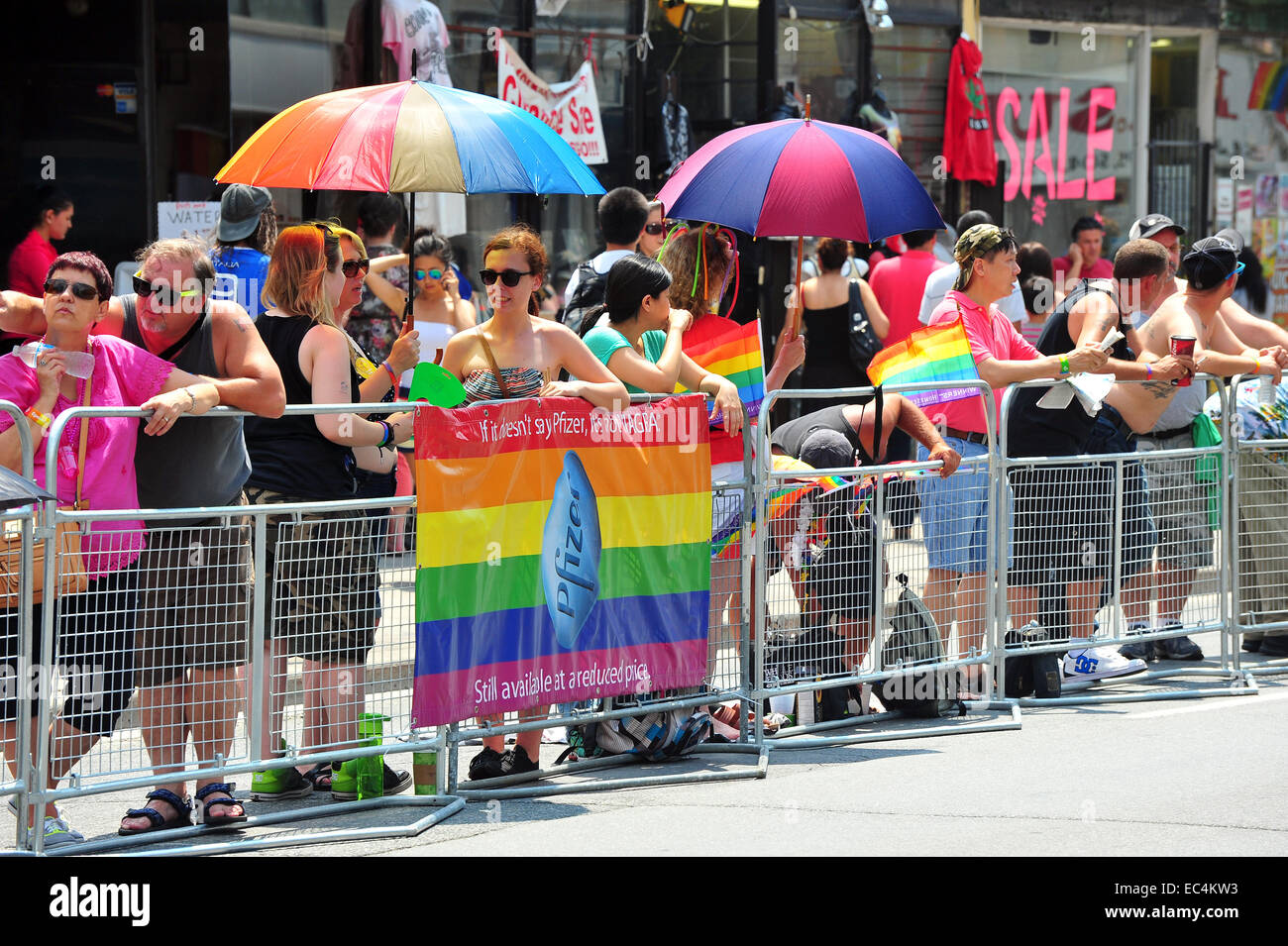 crowds line the parade route of the 2014 World Pride in Toronto. Stock Photo