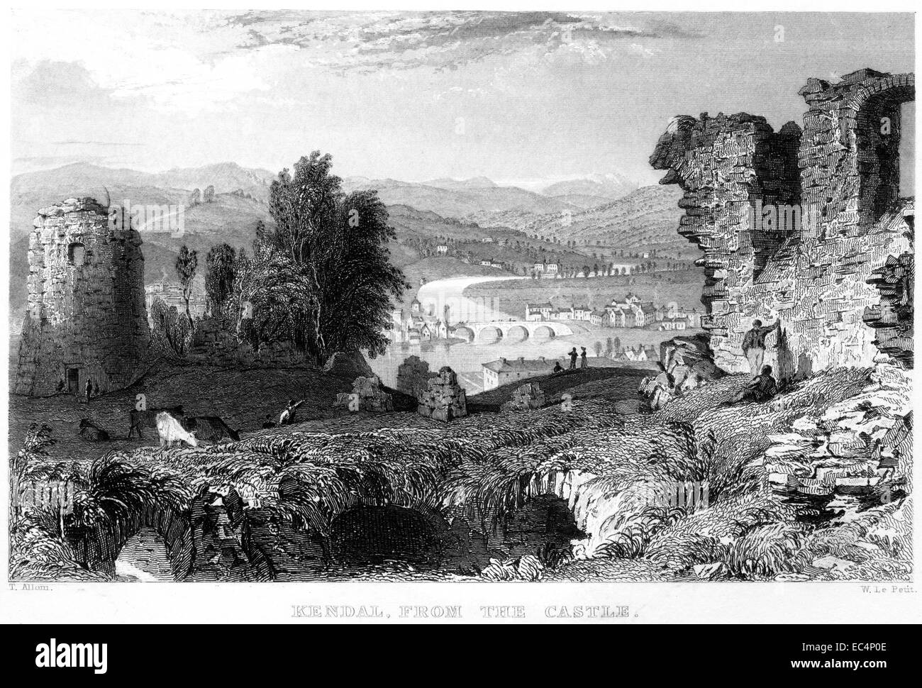 An engraving entitled 'Kendal from the Castle' scanned at high resolution from a book published in 1834. Stock Photo