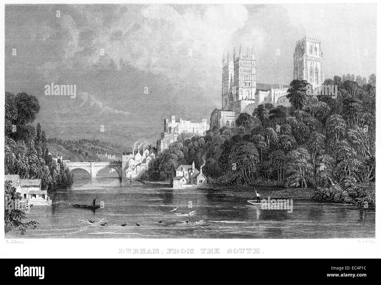 An engraving entitled 'Durham from the South' scanned at high resolution from a book published in 1834. Stock Photo