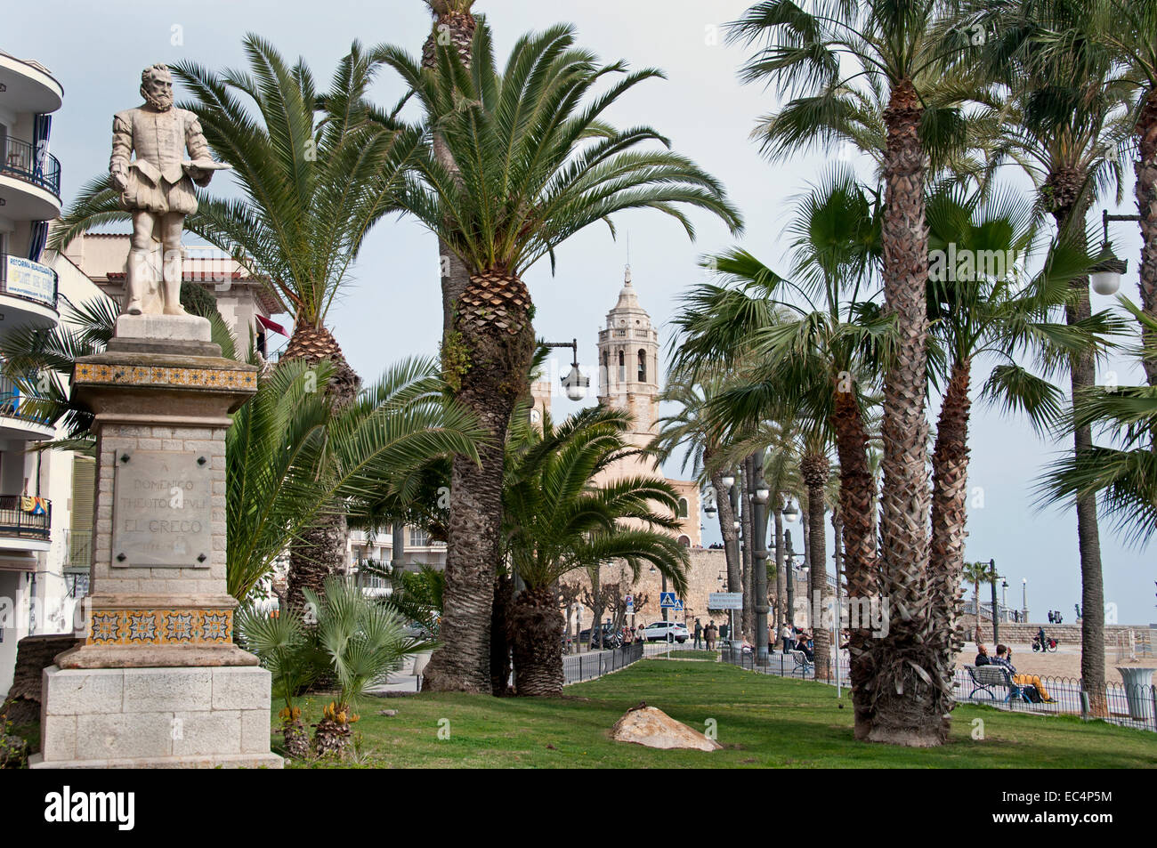 Sitges Beach Palm tree garden  Spain Spanish Town Stock Photo