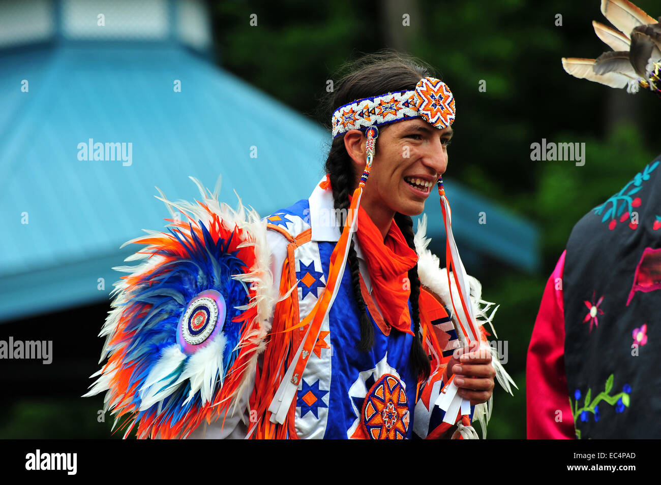 Indigenous Canadians participate in Canada Day celebrations held in a park in London, Ontario. Stock Photo