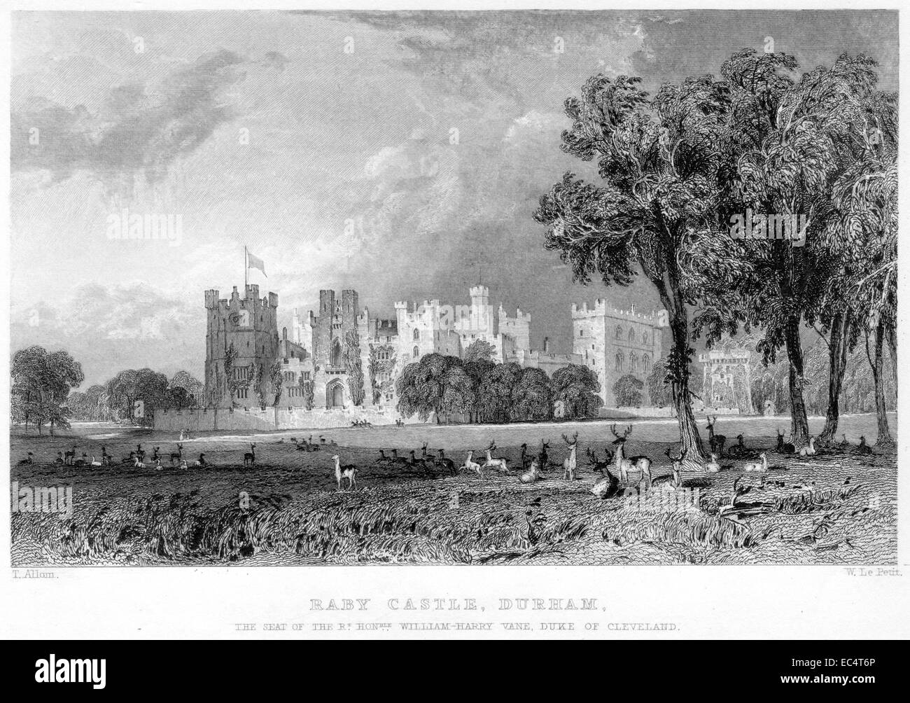 An engraving entitled 'Raby Castle, Durham' scanned at high resolution from a book published in 1834. Stock Photo