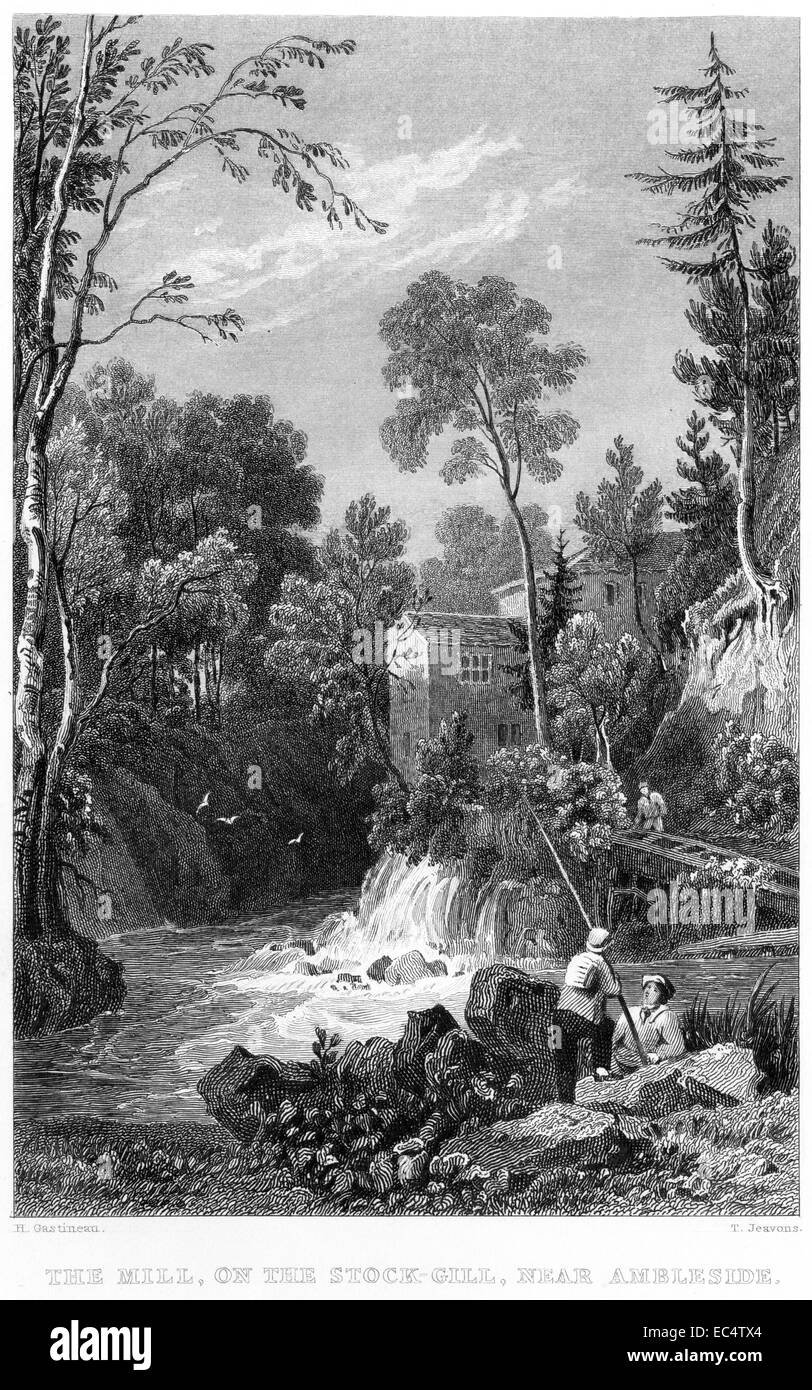 An engraving entitled 'The Mill on the Stock-Gill, near Ambleside' scanned at high resolution from a book published in 1834. Stock Photo