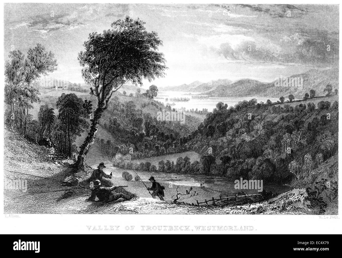 An engraving entitled 'Vale of Troutbeck, Westmorland' scanned at high resolution from a book published in 1834.  Believed copyright free. Stock Photo