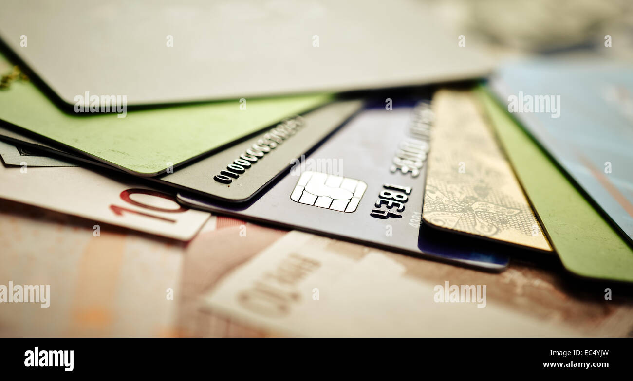 Euro bills and credit card background Stock Photo