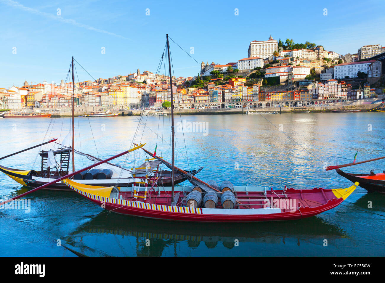 old Porto and traditional boats with wine barrels, Portugal Stock Photo