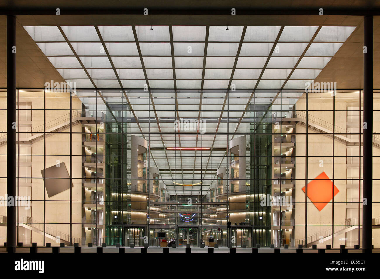 Glass facade of the library of the Bundestag at night, Berlin, Germany, Europe Stock Photo