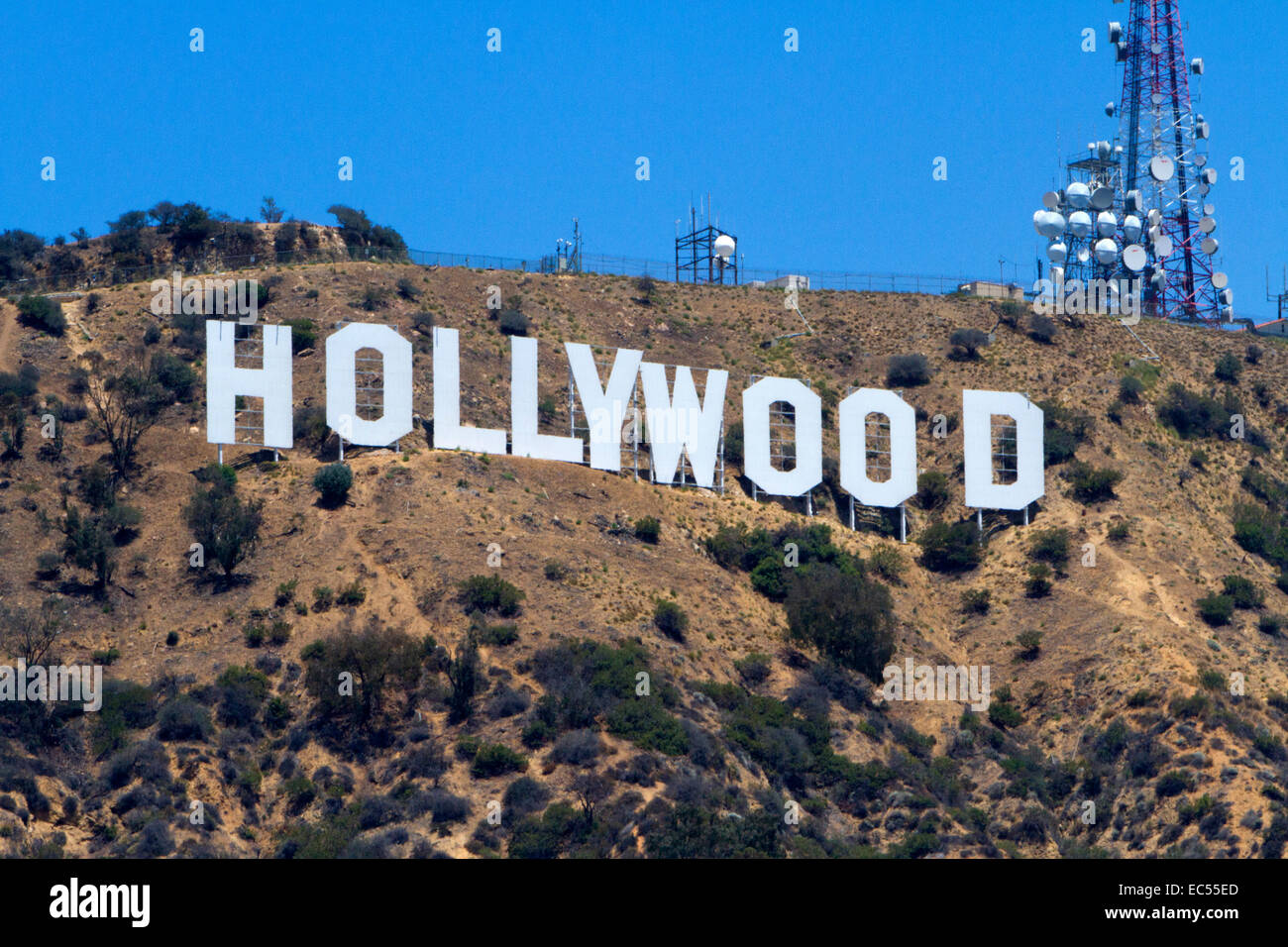 World famous Hollywood Sign on Mount Lee, Hollywood Hills, Los Angeles, California, USA in July Stock Photo