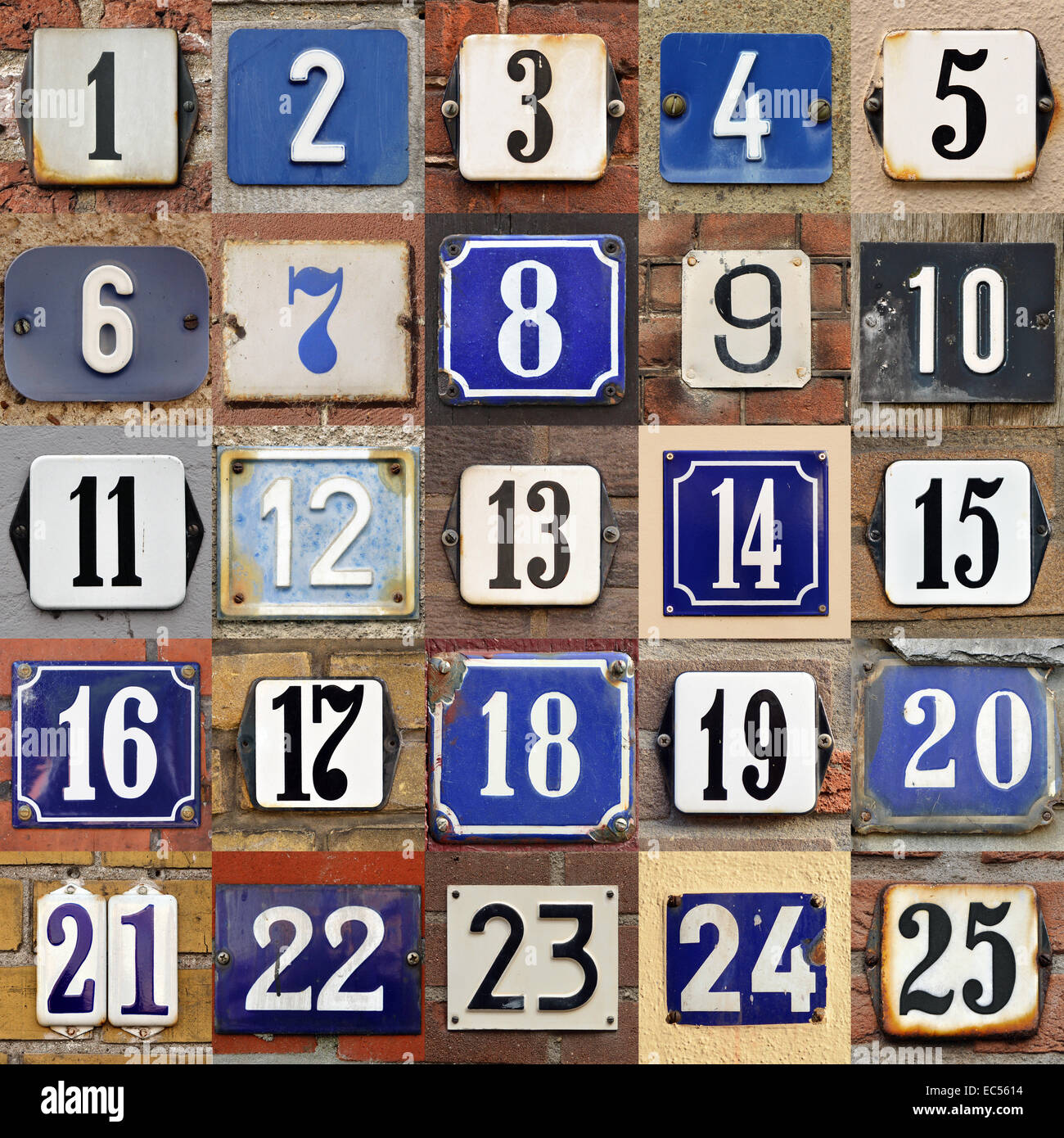 Collection of House numbers one to twenty-five Stock Photo