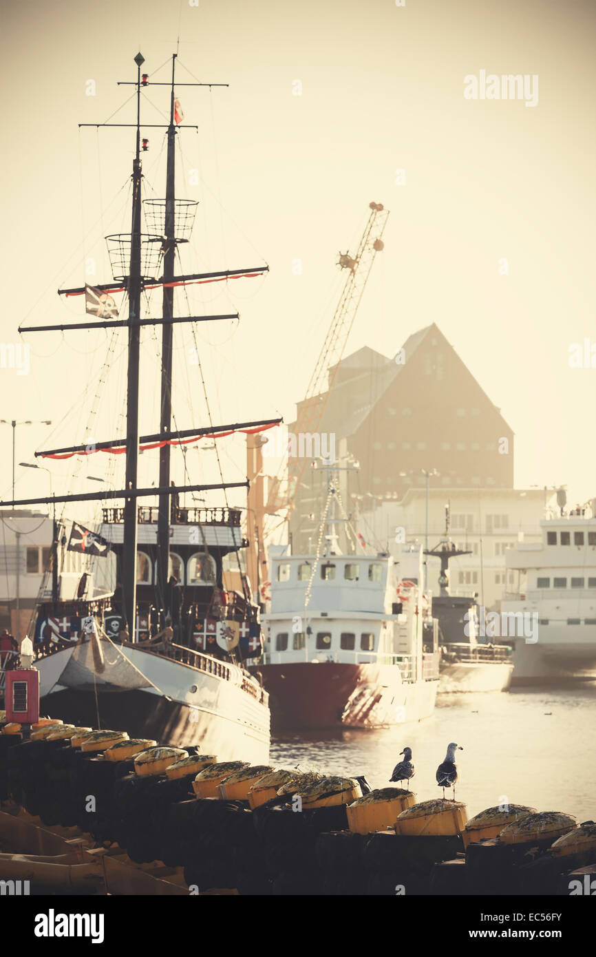 Retro filtered picture of harbor in Kolobrzeg, Poland. Stock Photo