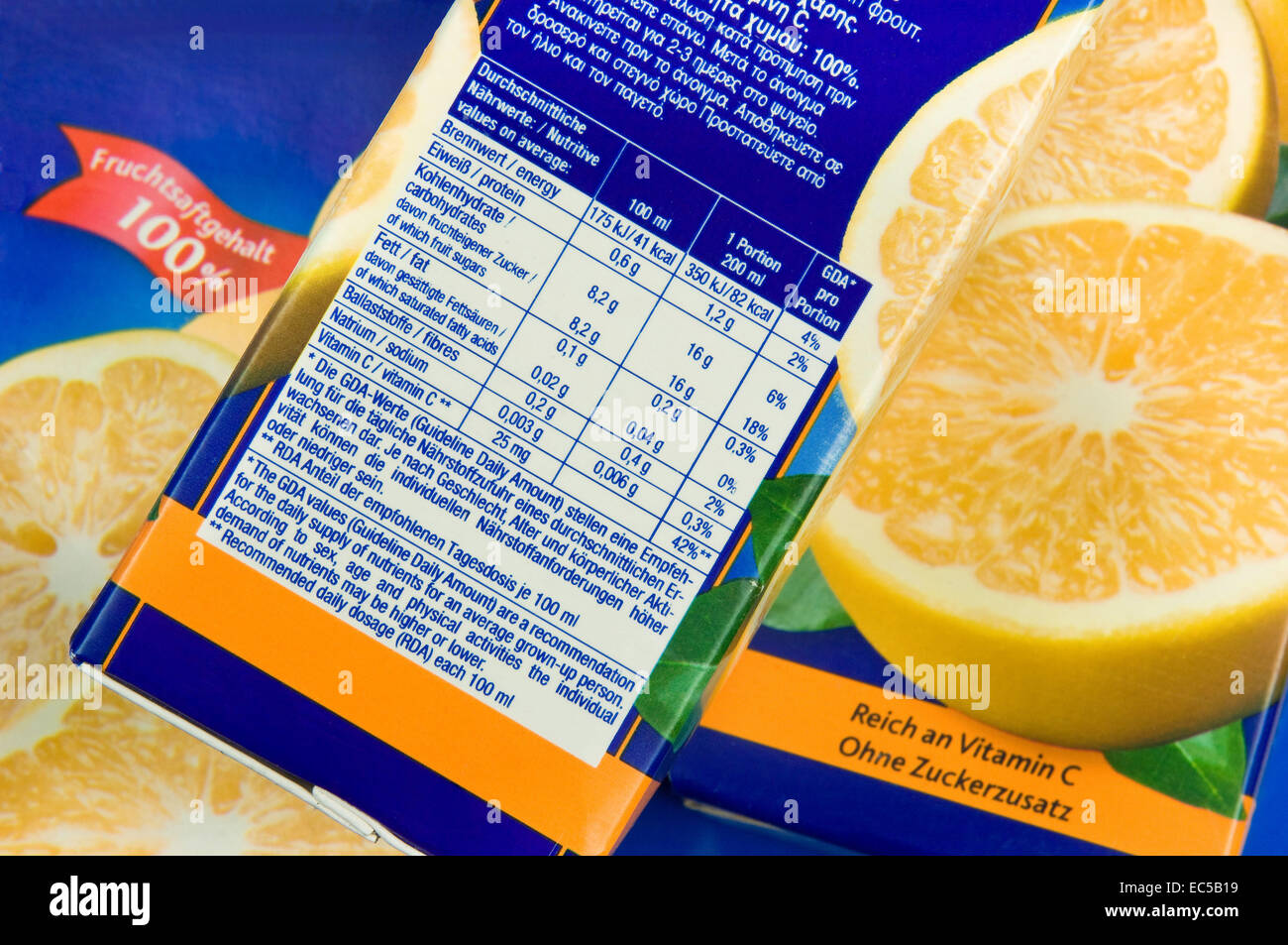 Nutrition information on a carton of juice drinks Stock Photo