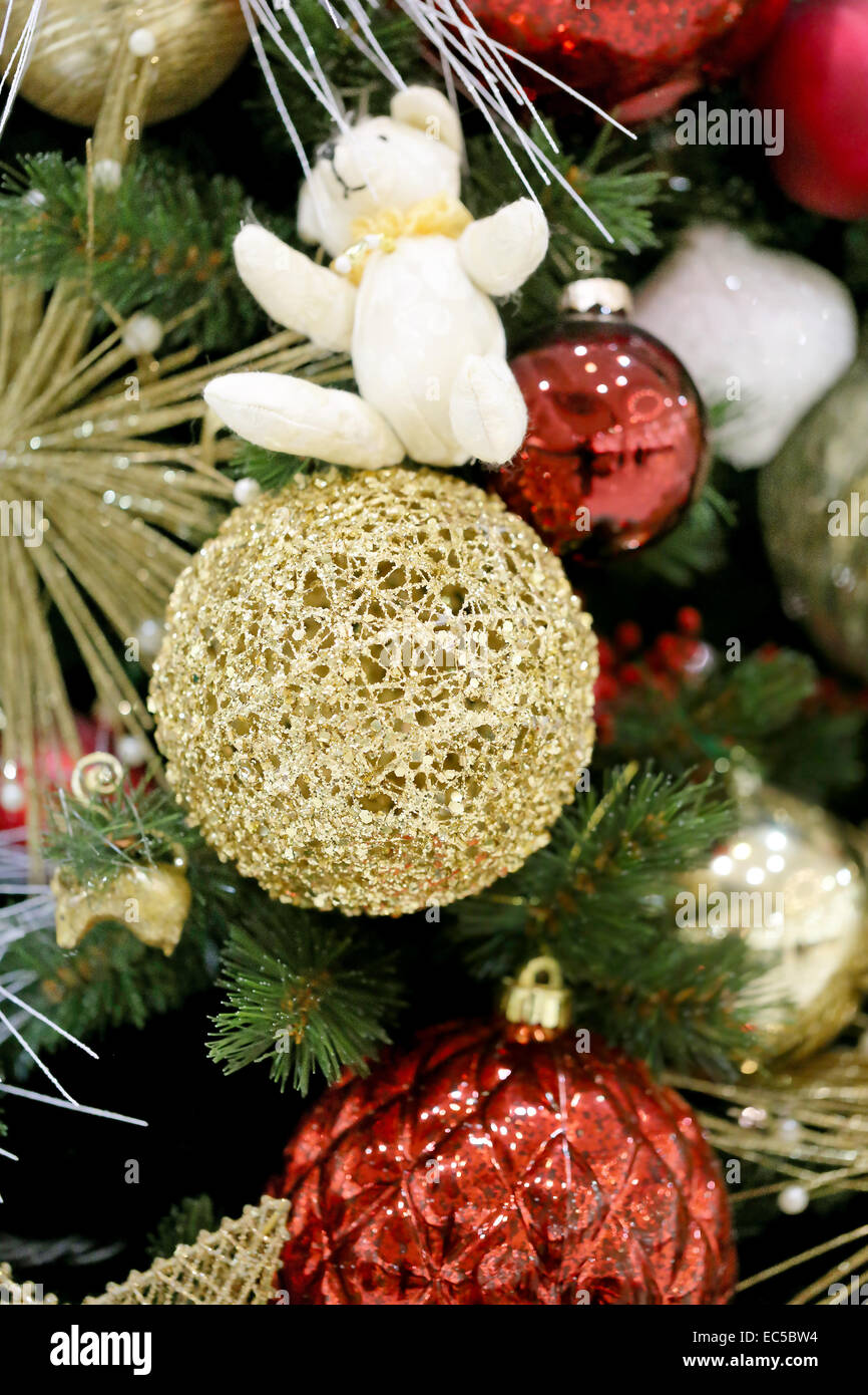 Christmas tree with beautiful toys photographed closeup Stock Photo