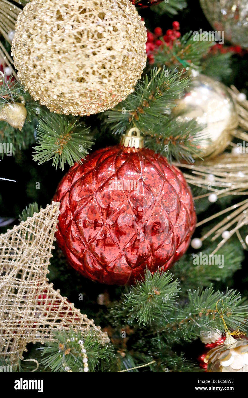 Christmas tree with beautiful toys photographed closeup Stock Photo
