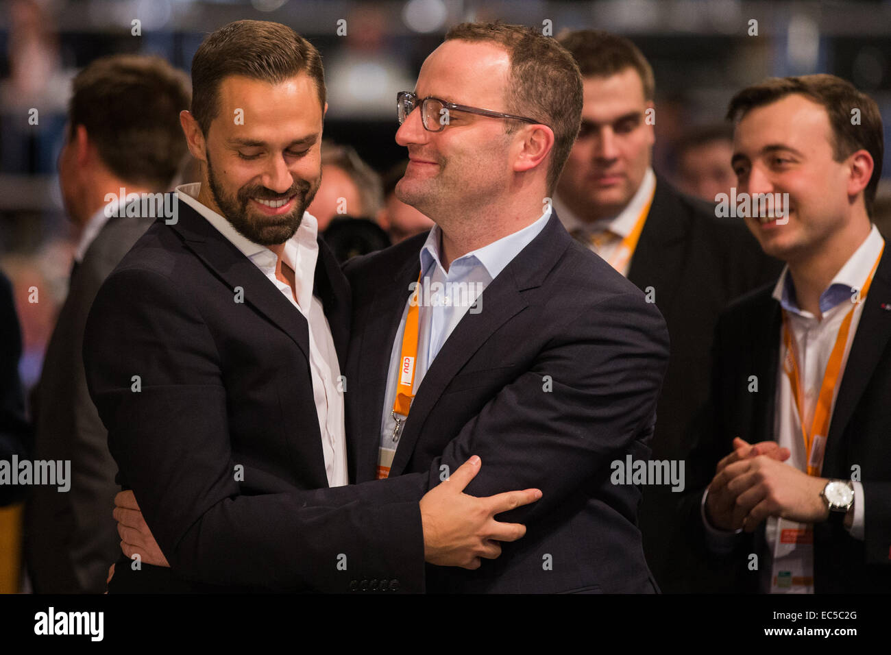 Cologne, Germany. 09th Dec, 2014. CDU Health politician Jens Spahn (C)  celebrates being elected to the CDU board next to Daniel Funke (L) during  the CDU federal party conference in Cologne, Germany,