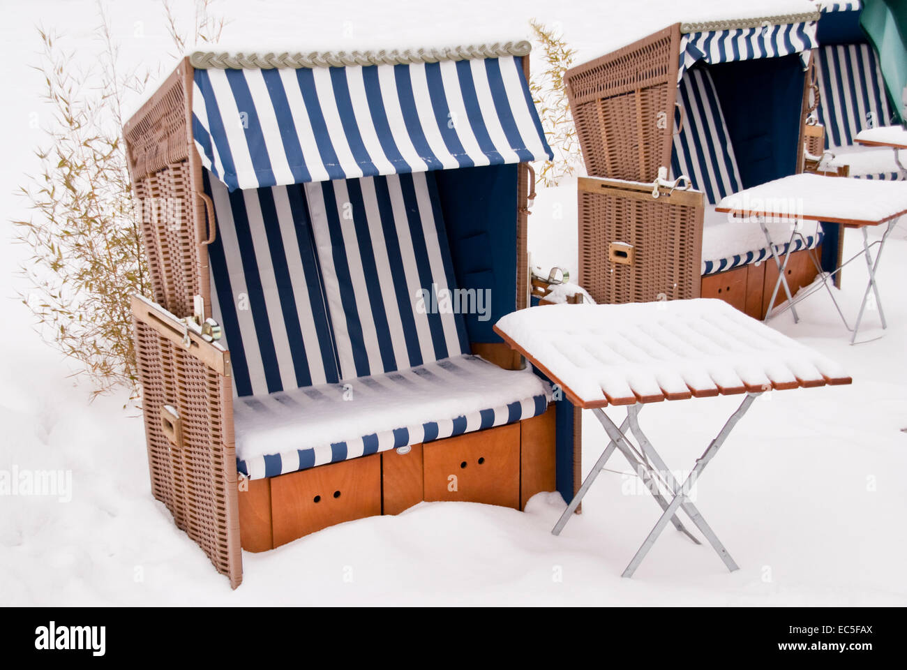 Winter Scene Snow Covered Beach Chairs Stock Photo Alamy