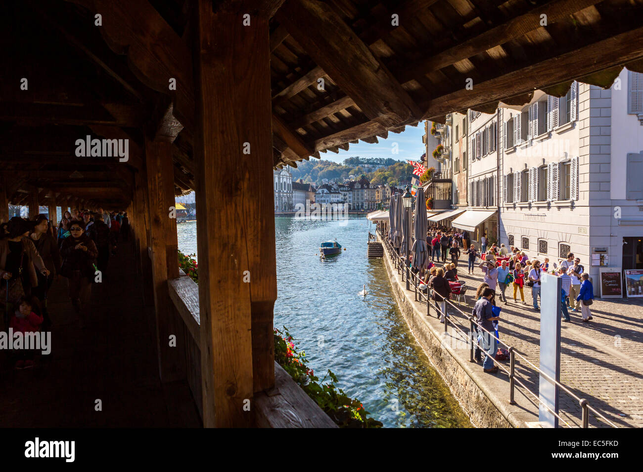 Chapel Bridge on the Reuss River, city of Lucerne at the Lake Lucerne, Switzerland. Stock Photo