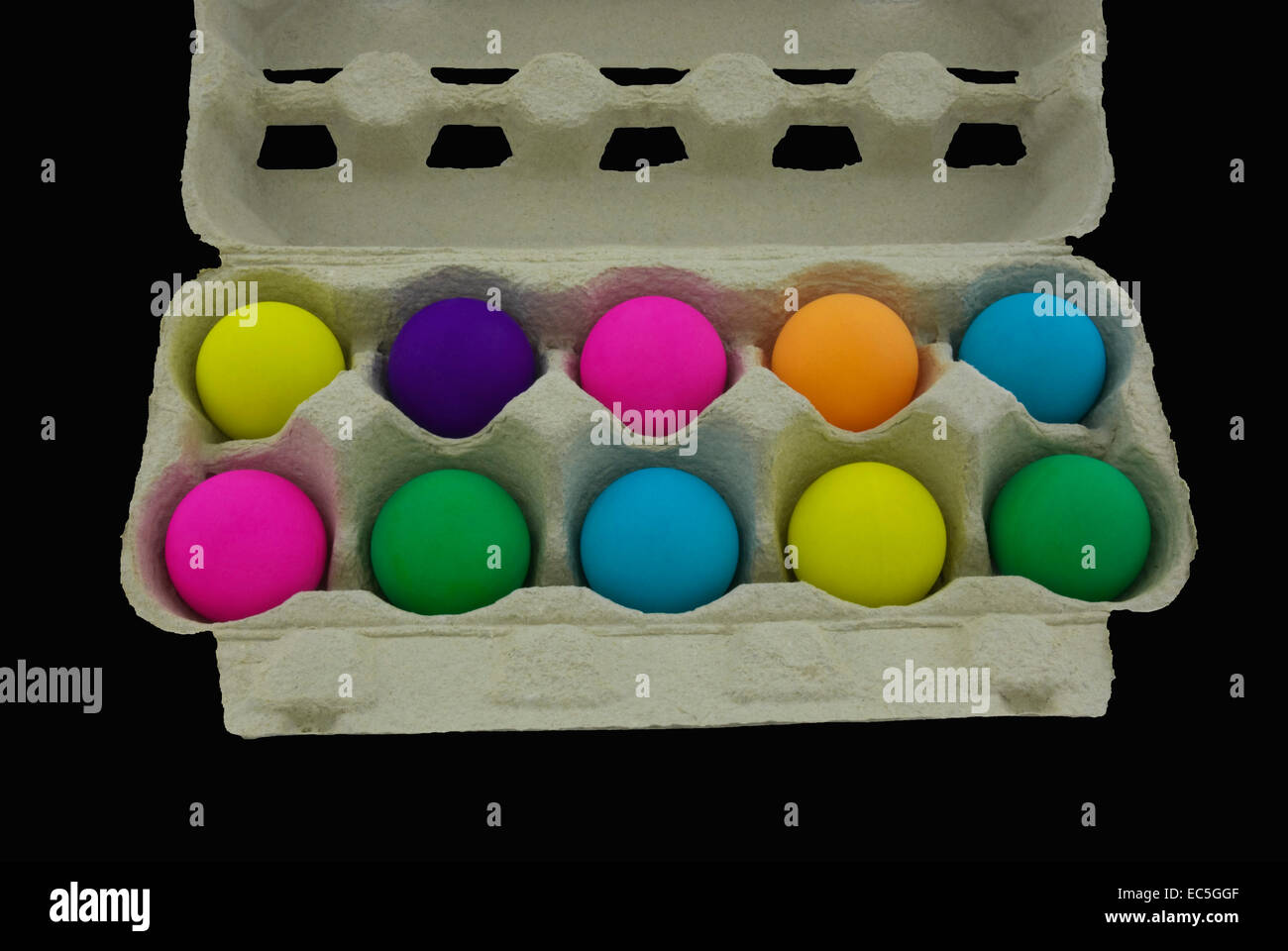 colorful table tennis balls in an egg carton Stock Photo - Alamy