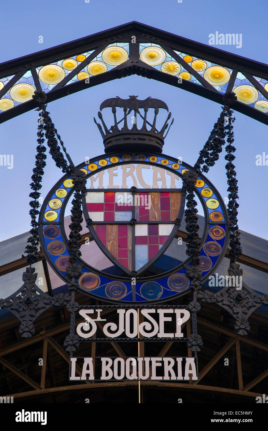 Entry sign to Sant Josep Mercat, La Boqueria, Barcelona, Catalonia, Spain Stock Photo