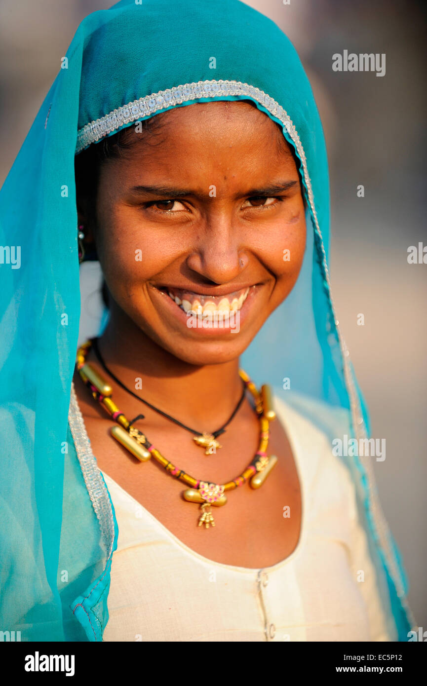 Portrait of indian woman in Pushkar fair Stock Photo