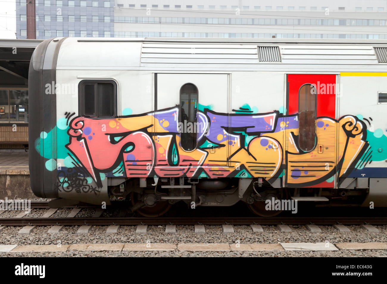 Colourful graffiti on a train in Belgium, Europe Stock Photo