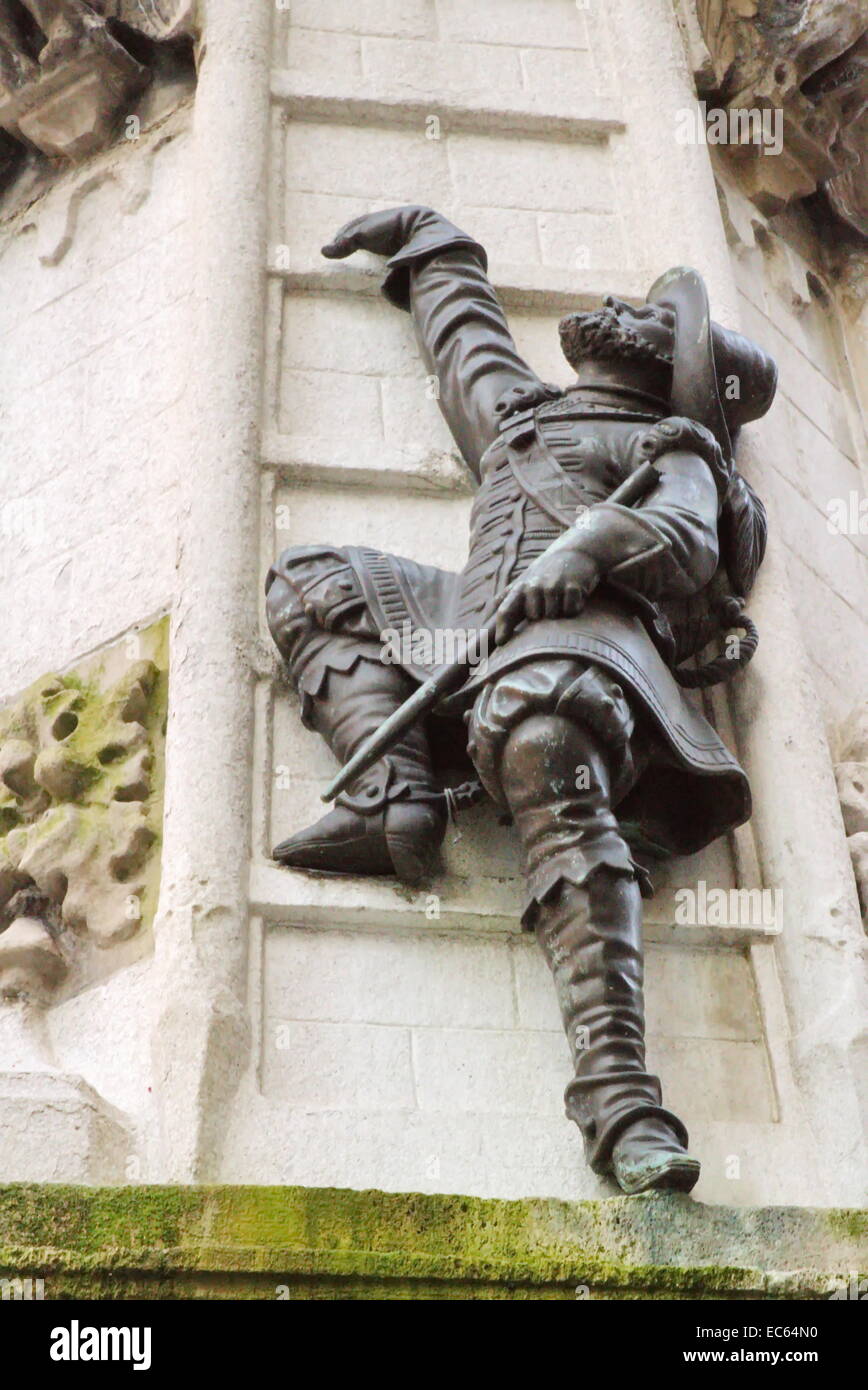 Close up on fountain of the Escalade (1857) representing a savoyard soldier scaling one wall, Geneva, Switzerland Stock Photo