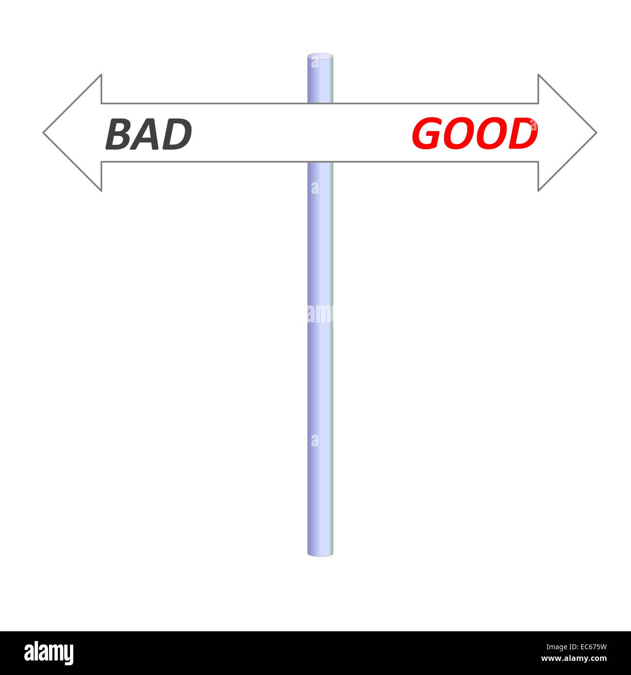 Two opposite arrows leading to good or bad on a post in white ...