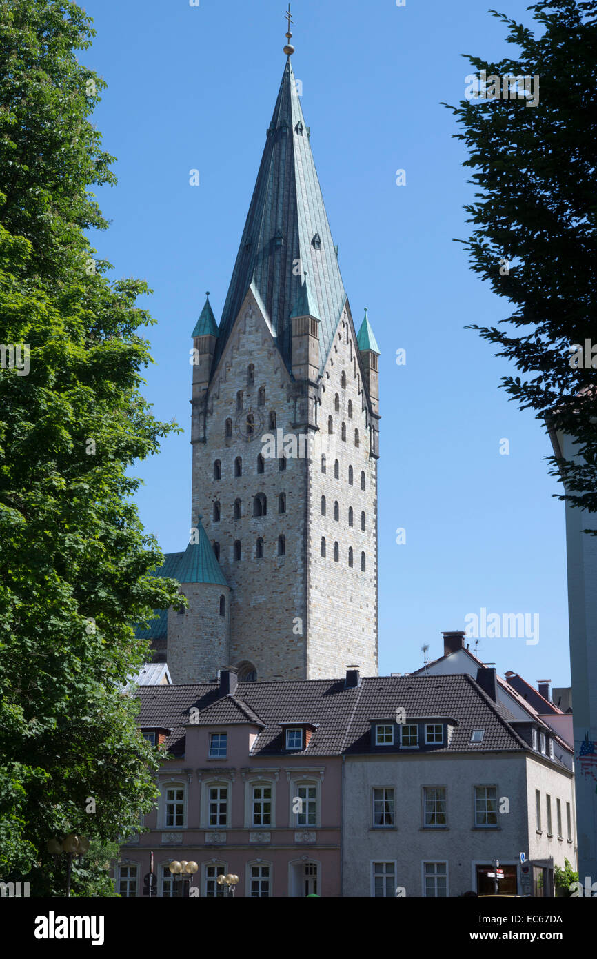Tower of the Paderborn Cathedral, Paderborn, Ostwestfalen Lippe region, North Rhine Westphalia, Germany, Europe Stock Photo
