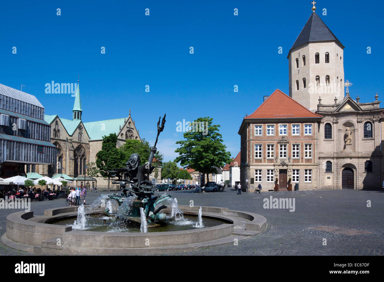 Market square with Paderborn Cathedral and Gaukirche church Paderborn Ostwestfalen Lippe region North Rhine Westphalia Germany Stock Photo