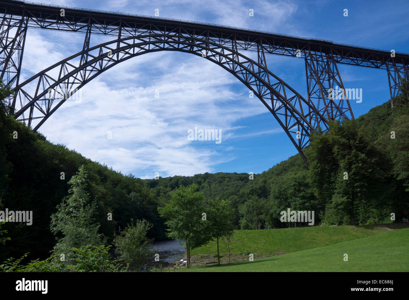 Müngsten Bridge is the highest steel railroad bridge in Germany The bridge spans the valley of the river Wupper connecting the Stock Photo