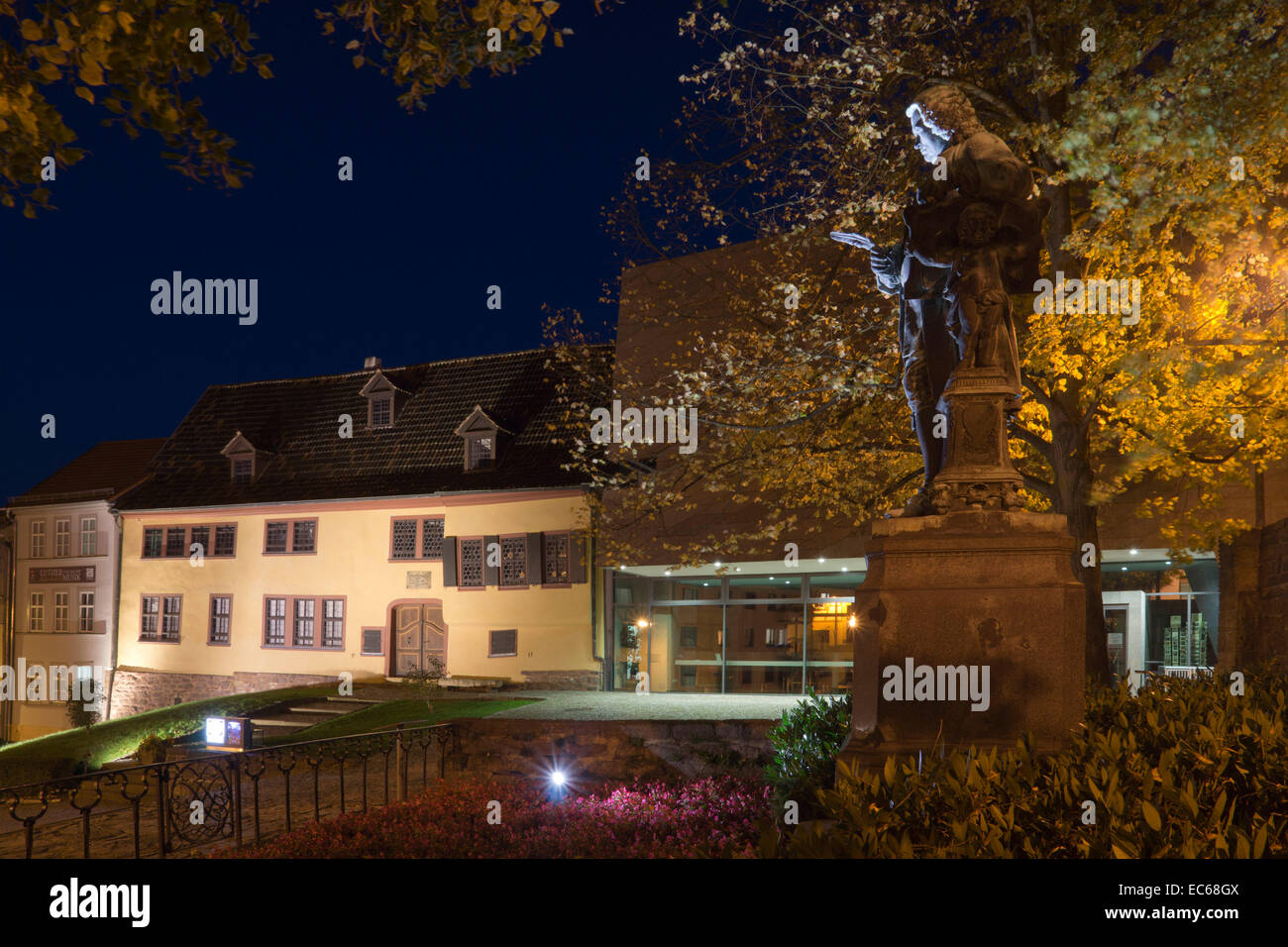 The Bach Monument and the Bach House at night, Eisenach, Thuringia, Germany, Europe Stock Photo
