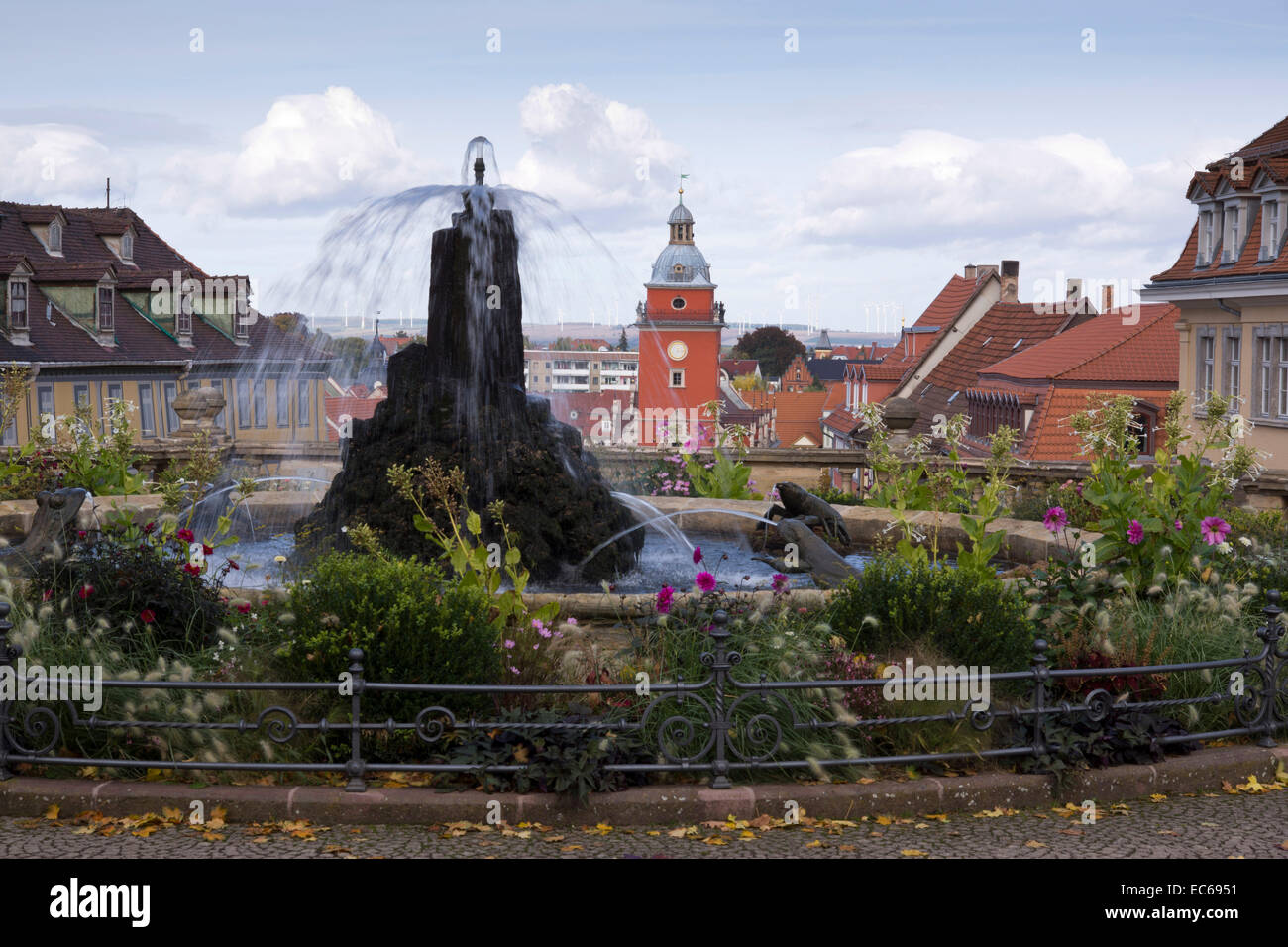 View of Gotha with the fountain and the historic town hall tower, Gotha, Thuringia, Germany, Europe Stock Photo