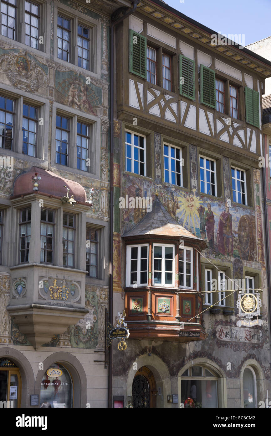 Facade paintings at the Gasthaus zur Post, Stein am Rhein, Canton of Schaffhausen, Switzerland, Europe Stock Photo