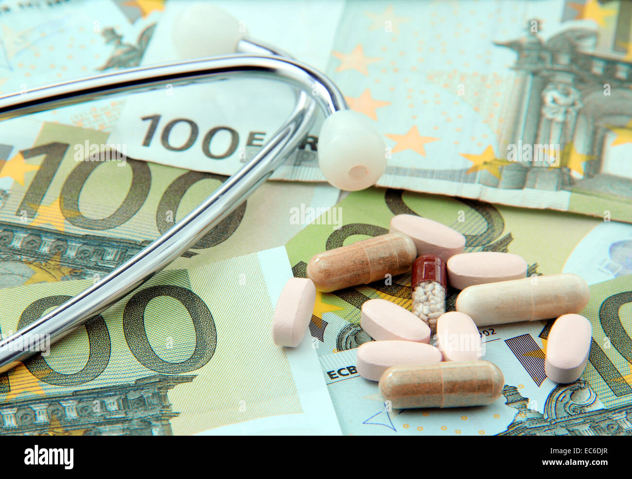 Euro paper money, stethoscope and pills Stock Photo
