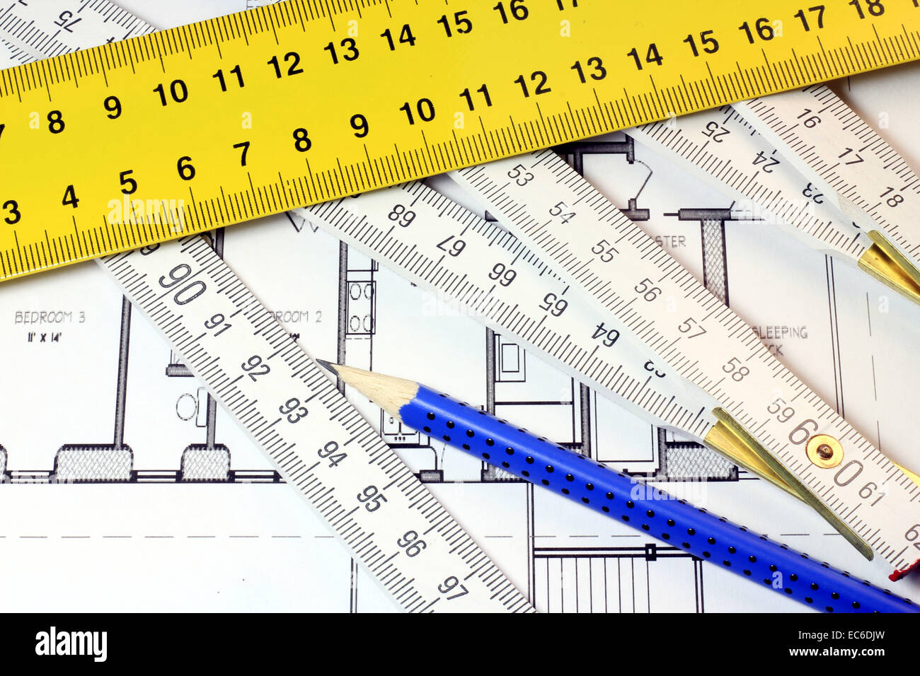 Design new home concept ruler, pencil, blue print Stock Photo - Alamy