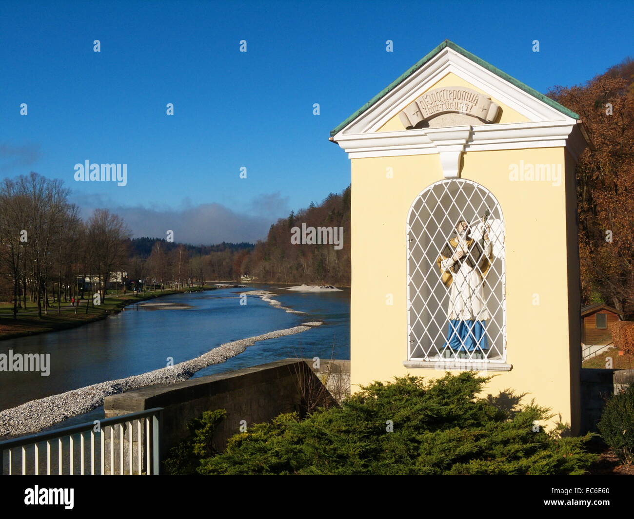 Memorial Monument of the holy Nepomuk at the Isar river in Bad Tölz, Bavaria, Germany. Stock Photo