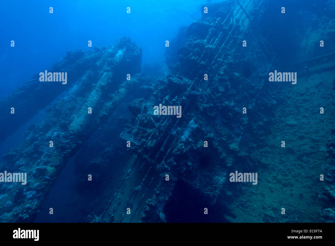 Deck of the shipwreck Umbria sunk on Wingate reef in the Red Sea off Sudan coast Stock Photo