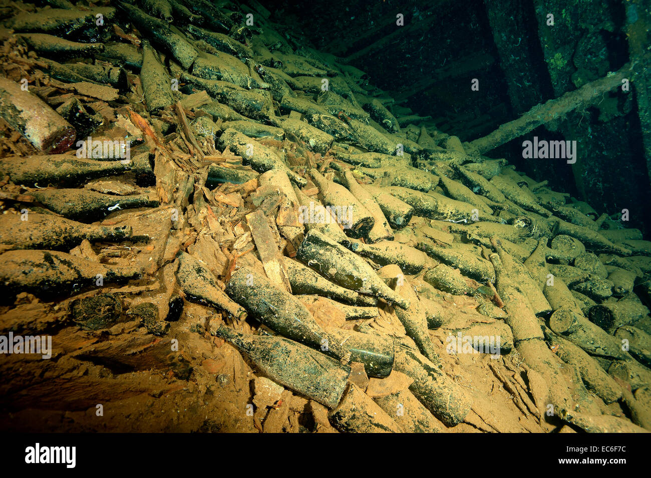 Wine bottles inside the holds of the shipwreck Umbria sunk on Wingate reef in the Red Sea off Sudan coast Stock Photo
