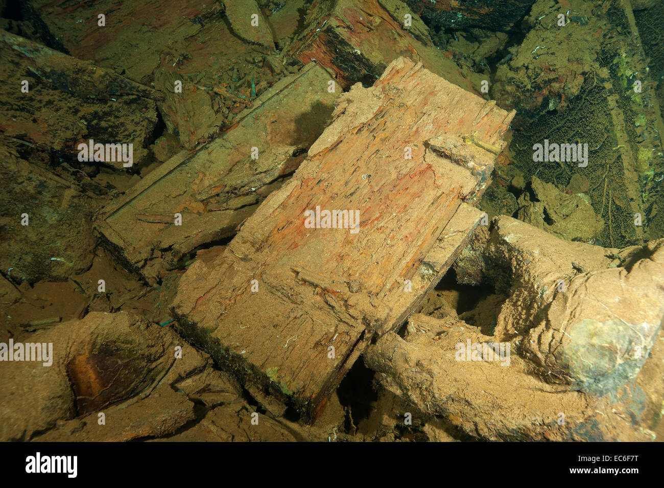 Ammunitions boxes inside the holds of the shipwreck Umbria sunk on Wingate reef in the Red Sea off Sudan coast Stock Photo