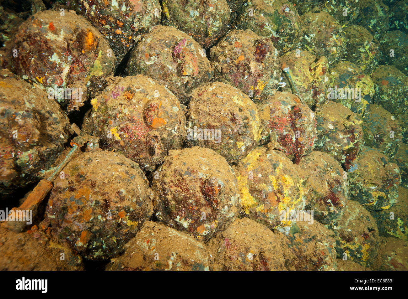 Bombs inside the holds of the shipwreck Umbria sunk on Wingate reef in the Red Sea off Sudan coast Stock Photo