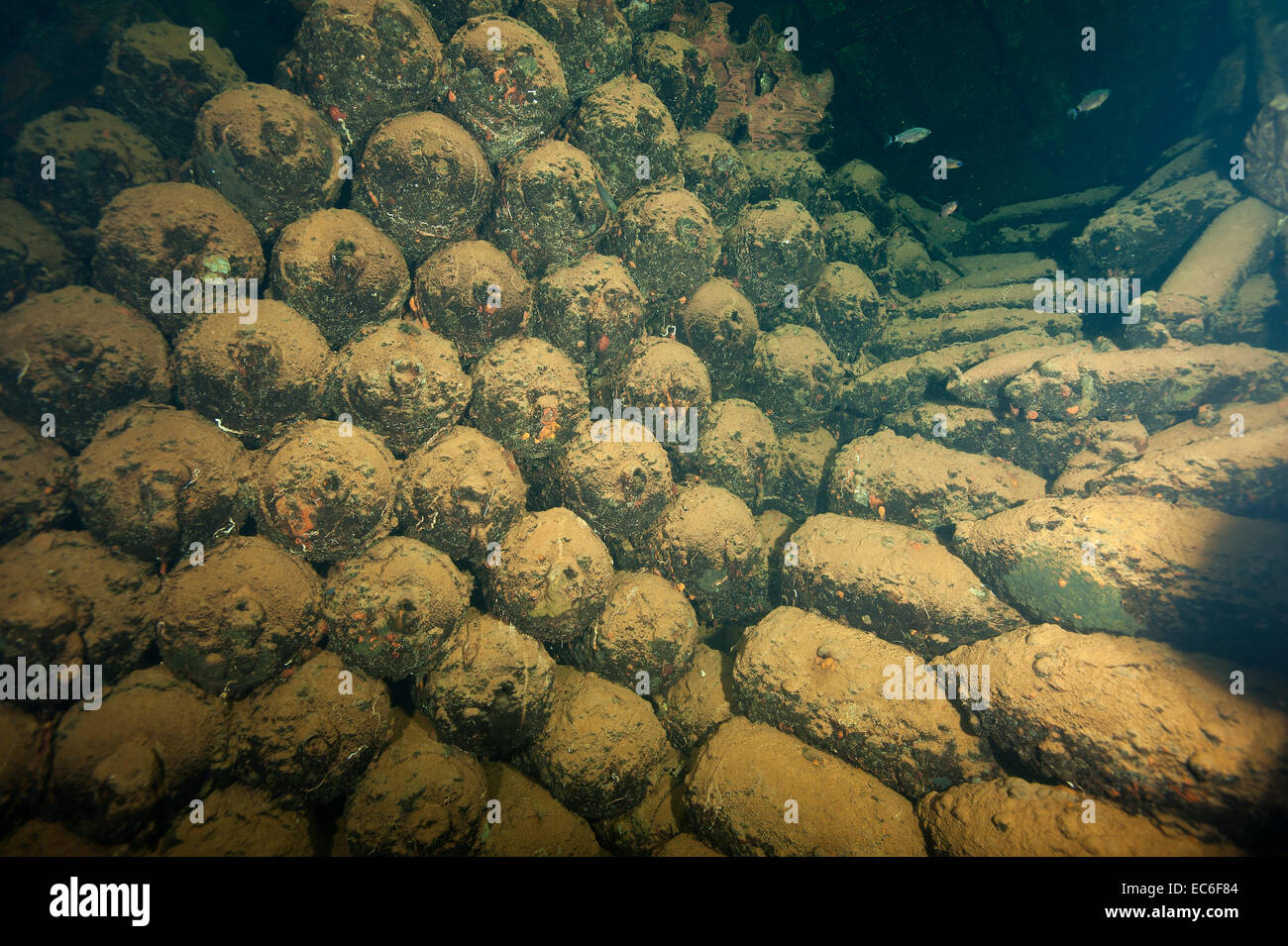 Bombs inside the holds of the shipwreck Umbria sunk on Wingate reef in the Red Sea off Sudan coast Stock Photo