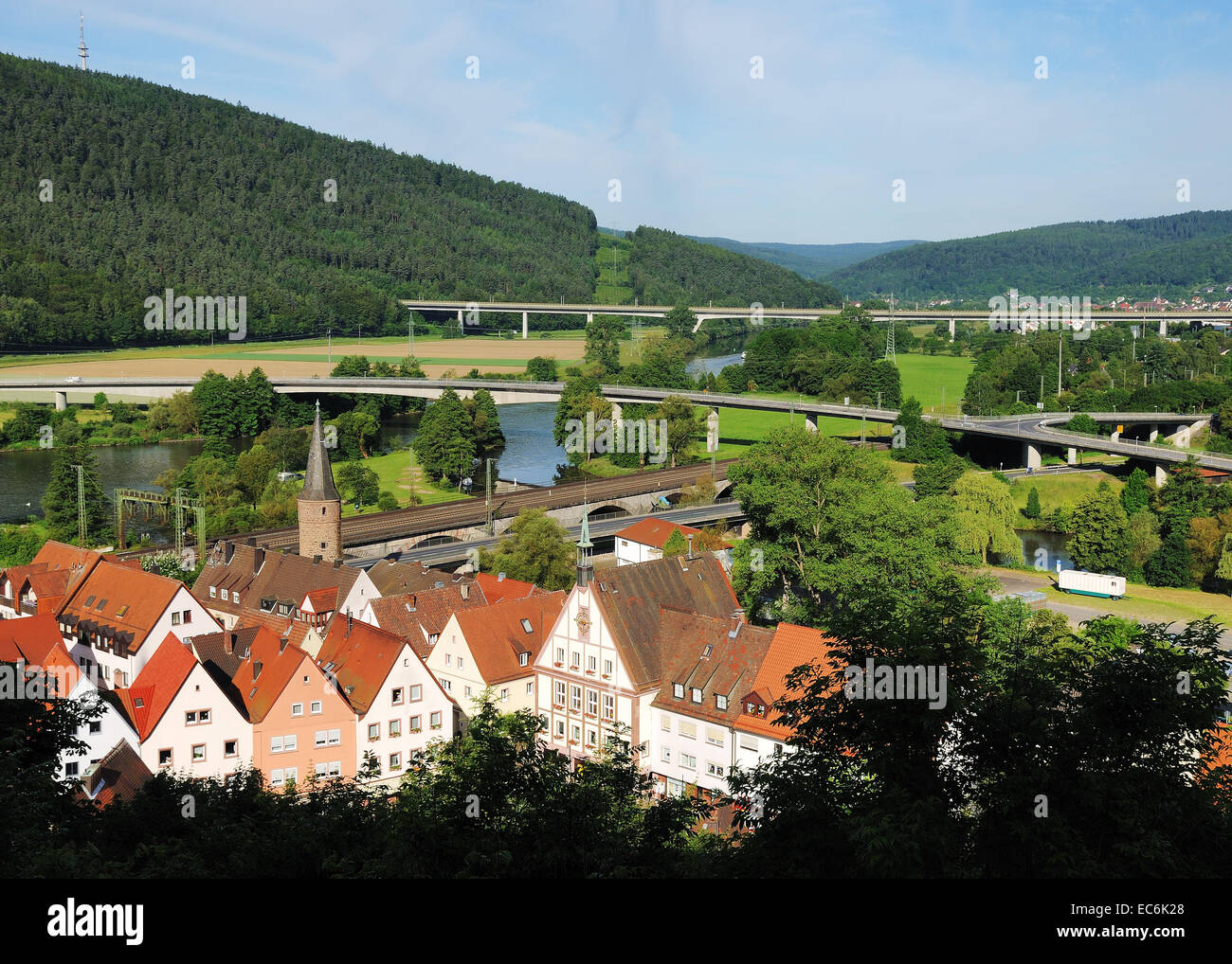 Gemünden am Main, view on the historic city center and the River Main, Germany, Bavaria Stock Photo