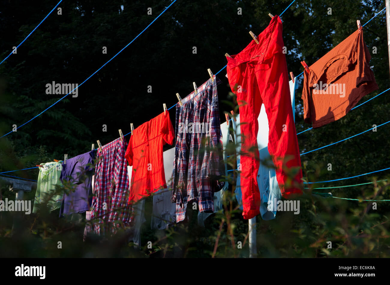 Laundry hanging on the Clothesline to dry Stock Photo