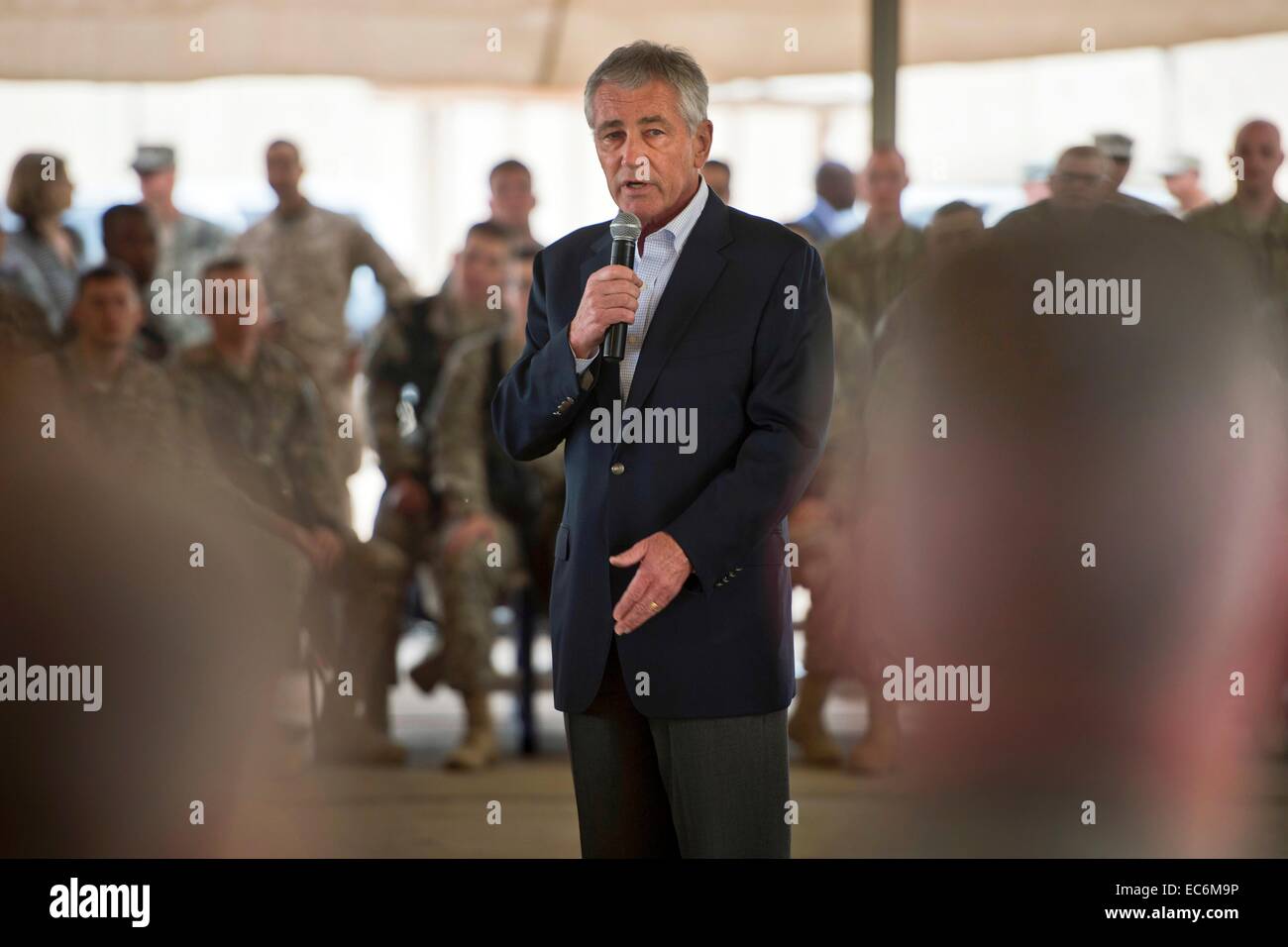 US Secretary of Defense Chuck Hagel addresses service members during a visit December 9, 2014 in Baghdad, Iraq. Stock Photo