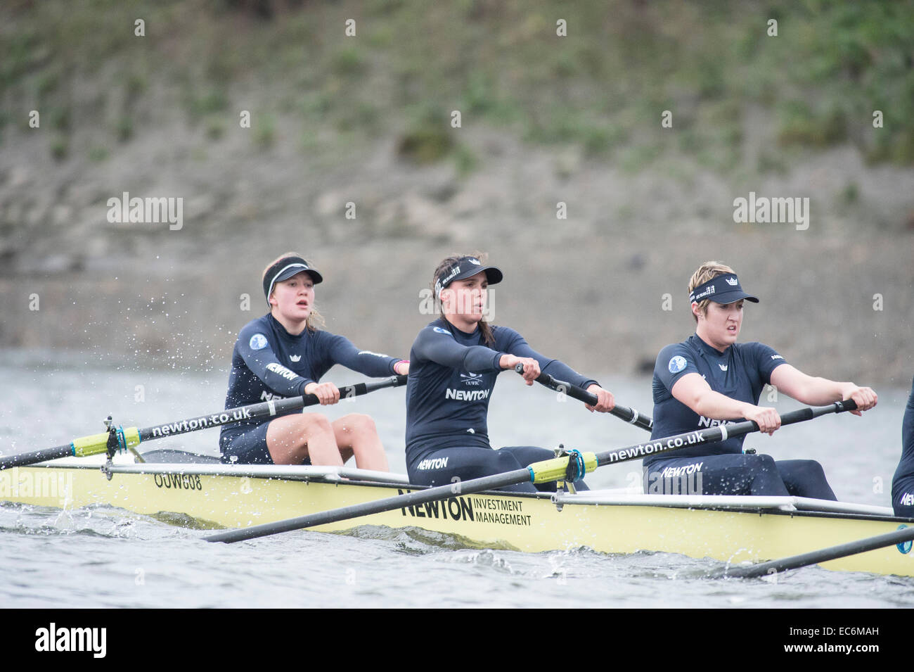 River Thames, London, UK. 9th December, 2014. Putney (start) and Mortlake.      Oxford Race.   REAL LIFE, (yellow hull) Bow Maxie Scheske, 2 Lucinda Foote-Short, 3 Katie Davidson, 4 Georgia Daniell, 5 Nadine Gradel Iberg, 6 Emily Reynolds, 7 Maddy Badcott, Stroke Lauren Kedar, Cox Ayesha Rasheed,   FANTASY, (white hull) Bow Caroline Greves, 2 Anastasia Chitty, 3 Abigail Cottingham, 4 Elo Luik, 5 Alice Ca Credit:  Duncan Grove/Alamy Live News Stock Photo