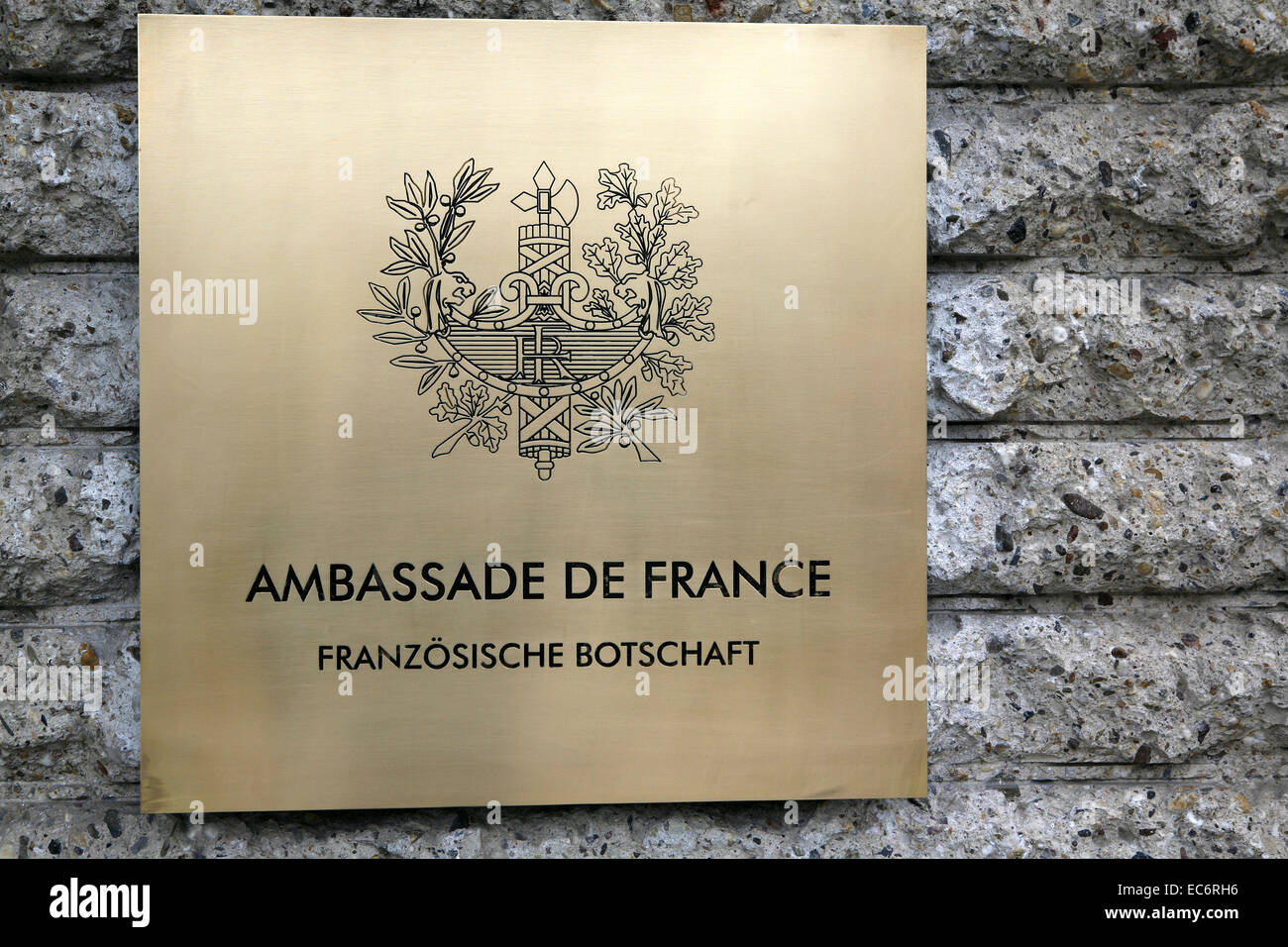 the word amp 39 ambassade de france amp 39 on metal plate at the french embassy amp 8203 amp 8203 pariser platz berlin germany Stock Photo