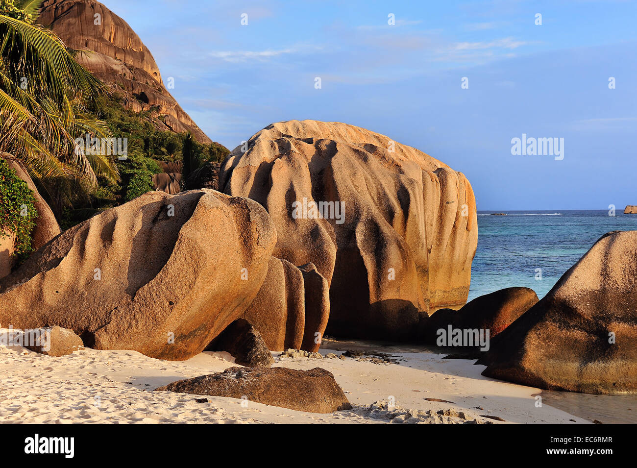 rocks at the beach Source d Argent on La Digue, Seychelles Stock Photo