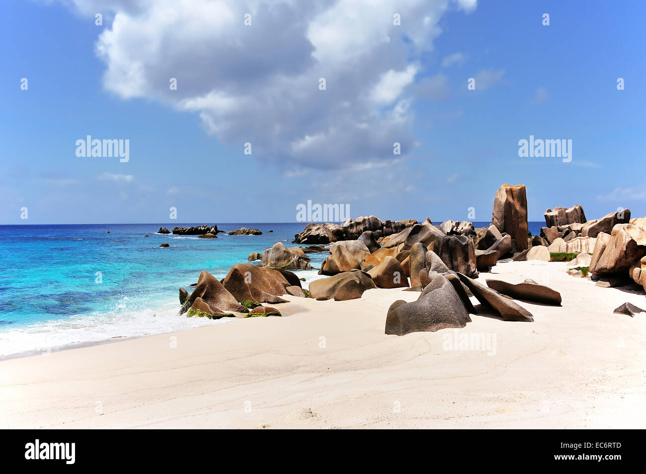 rocks on the beach Grande L Anse on island La Digue, Seychelles Stock Photo