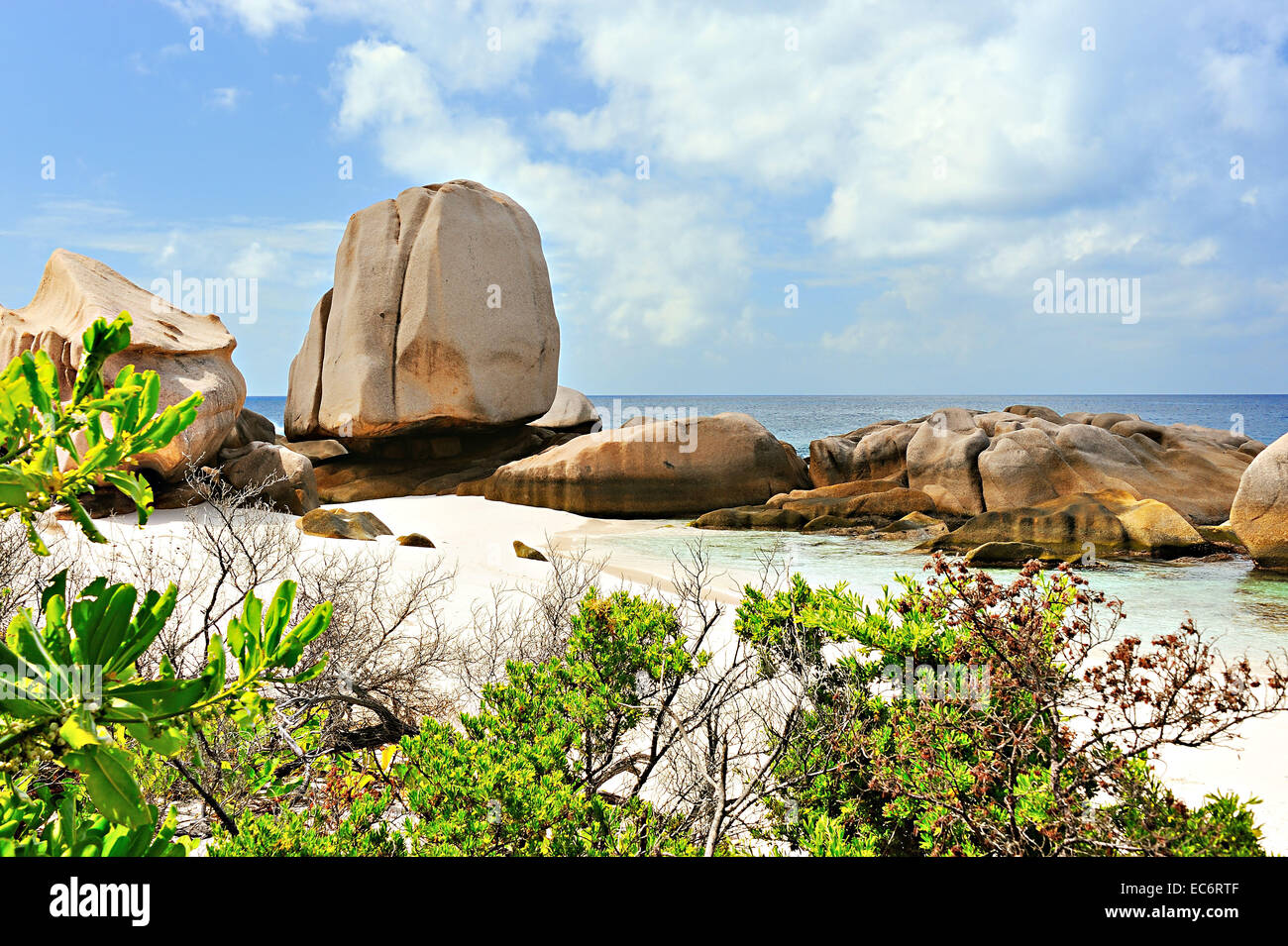 Huge rocks on the beach Anse Marron on La Digue, Seychelles Stock Photo