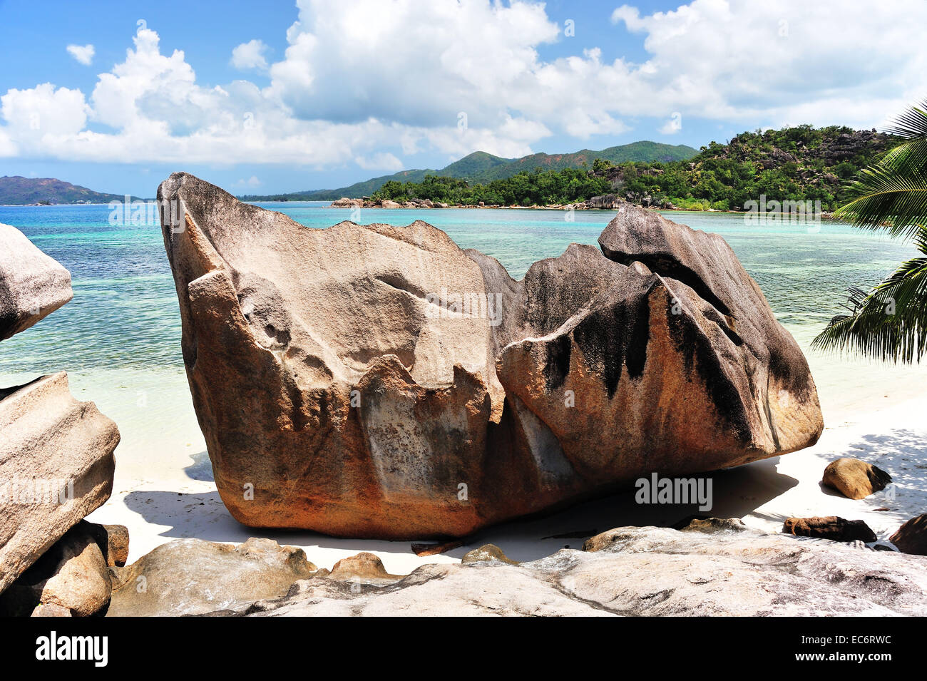Stupendous rock on the sandy beach, island Curieuse, Seychelles Stock Photo